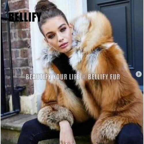 High streetwear2019 Fashion Plush Women‘s Natural fox fur hooded coats warm red fox fur mid-long parkas big