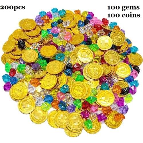 100 Pieces Pirate Gold Coins and 100 Pieces Gem Jewelry Treasure Toys Activity Pirate Themed Event Party Decorations Halloween