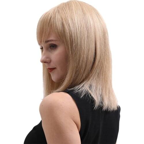 16'' Stylish Womens Natural Wig W/ Neat Bangs Golden Dating Cosplay Hair Wigs
