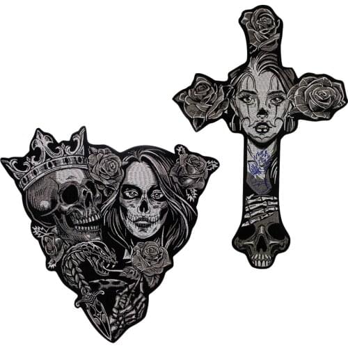 Big Skull Cross Patch Beauty Girl Stickers Gothic Punk Rock Iron on Embroidered Motorcycle Clothes Accessories Stripe 2pcs P1312