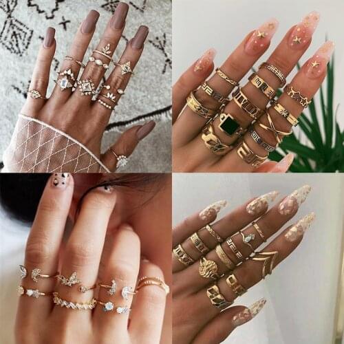 2020 New Bohemian Women Fashion Rings Ins Knuckle BOHO Hollow Geometric Crystal Finger Gold Color Rings Set Jewelry