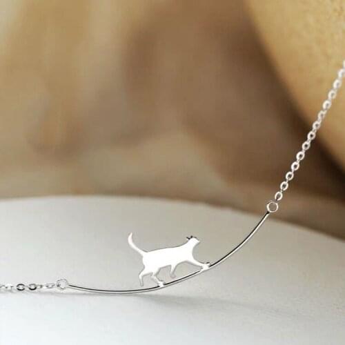 925 Silver Cat Curved Necklace Simple Personality Pendant Clavicle Chain Necklaces for Women Silver Jewelry Gift Wholesale