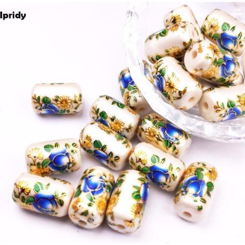 Free Shipping 10Pcs/lot Cylinder Pearl white Japan Painting Vintage Japanese Colored Drawing Beads the bottom of Flower Pattern