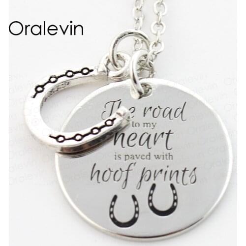 The Road to my heart is paved with hoof prints Engraved Horseshoe Pendant Charms Necklace Jewelry,#LN304