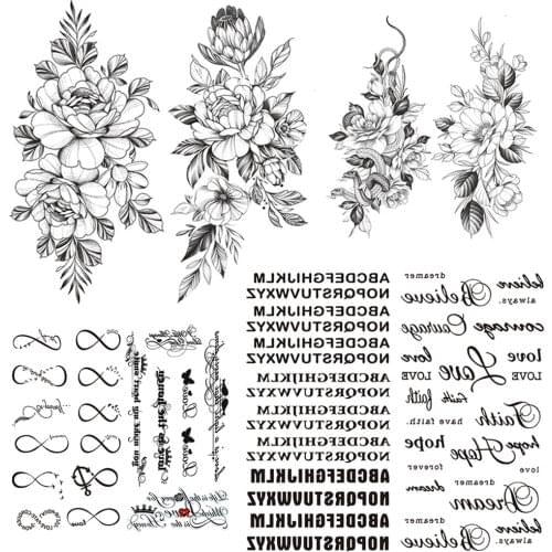 Beauty Sweatpea Fake Temporary Tattoo For Women Girls Black Endless Words Tattoos Sticker Snake Flower Letters Daisy Lily Tatoos