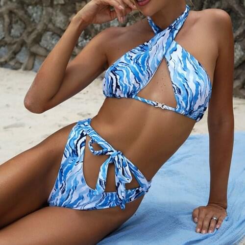 Sexy Bikini Set Ripple Solid Swimwear Women Beachwear Bandage Halter Swimsuit Female Push Up Two Pieces Bathing Suit Biquini New