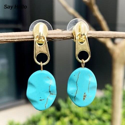 SAY HELLO Fashion Zipper Head Design Turquoises Metal Inlaid Stones Beads Earrings Fine Alloy Earrings Jewelry Women E50307