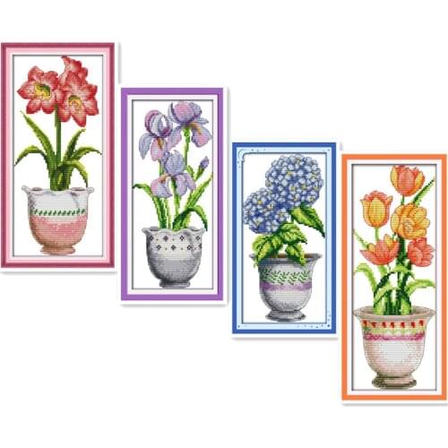 Plant Flower Series Cross Stitch Kit, Violet Tulip Potted Flowers 11CT 14CT Printed Stitching Decoration Hanging Picture