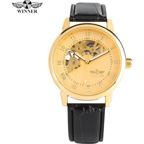 Luxury Golden Hand-wind Mechanical Watch for Men Silver Stainless Steel Case Watch for Ladies Leather Strap Mechanical Watches