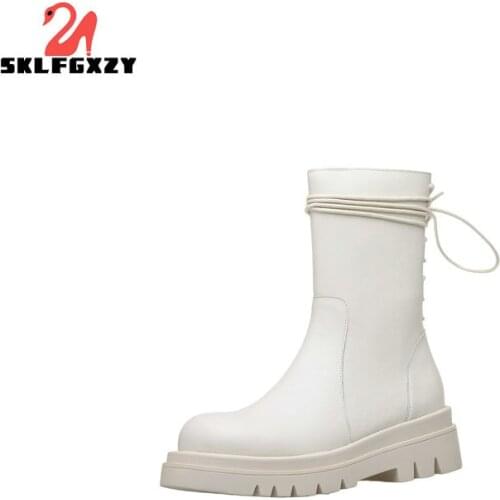 SKLFGXZY 2021 New Winter Genuine Leather Chelsea Boots Women Platform Ankle Boots Flat Ladies Slip-on Short Booties