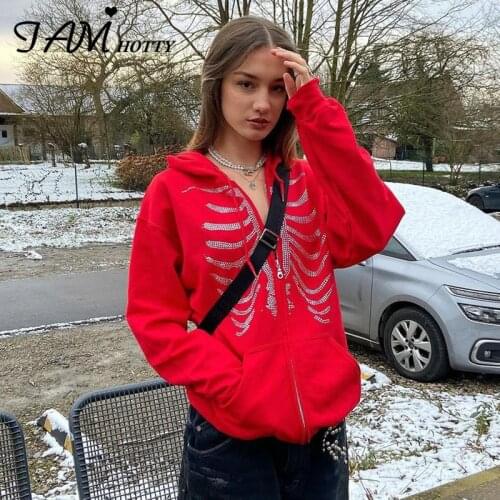 Rhinestone Printed Zip Up Hoodie Women Red Loose Casual Hooded Sweatshirt y2k Aesthetic Overshirt Couple Clothes Fall Iamhotty