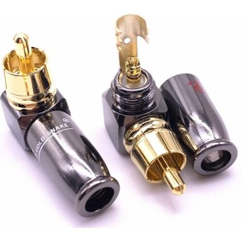 10pcs/lot 90 Degree Snake King RCA L-shaped Gun Black Gold Plated Right Angle RCA Male Plug Audio Video Connector Soldering