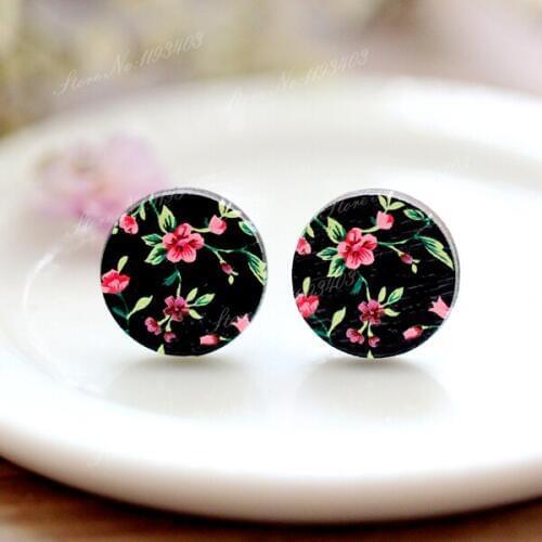 Unique 3D Flower Embossed 16mm Round Coloured Drawing pattern Laser Cut wood Cabochon DIY for Rings, Earring,Brooch,Necklace
