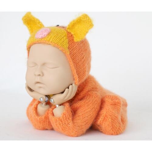 Vintage Newborn Footed Romper Hat Set Knitted Tiger hat Crochet Newborn Boy Pants Bonnet Baby Photography Onesie Baby Overalls