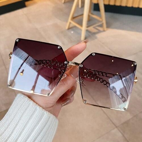 Rivet Rimless sun glasses for women fashion 2021 New Summer Square Vintage Alloy Chain Frame Rivet Sun Glasses Female Shades