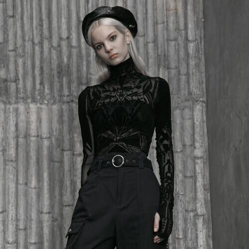 PUNKRAVE Womens Goth Personality Tight Bottom T-shirt Daily Wear Slim Fit Velvet Printing Mesh Top
