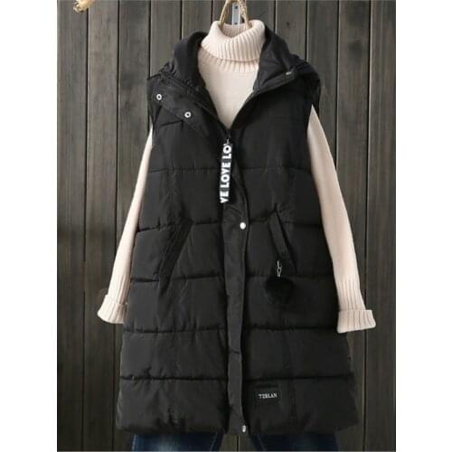 Womens Clothing Vests Jacket Plus Size Autumn/Winter Hairball Hooded Sleeveless Warm Down cotton Padded A-Line Zipper Long Coat