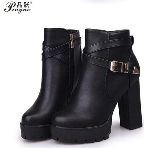Fashion Ankle Boots For Women High Heels Buckle Motorcycle Boots Platform Black White pu leather Party Shoes Woman
