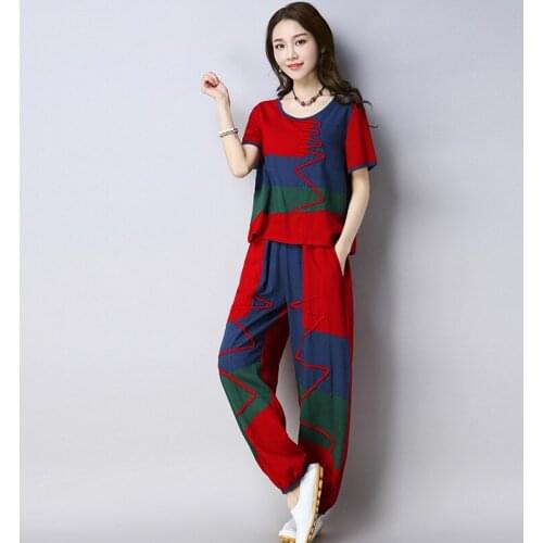 Summer National style new Chinese style womens sets womens denim Pants suits embroidery Tops+ loose Pants bloomers two-piece