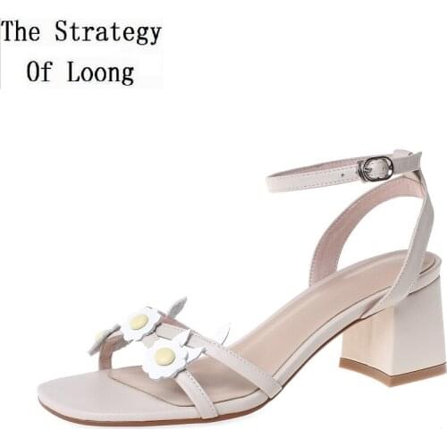 Summer New Fashion Thick High Heels Peep Toe Cut Out Ankle-Wrap One-Strap Flowers Genuine Leather Women Sandals 20200527