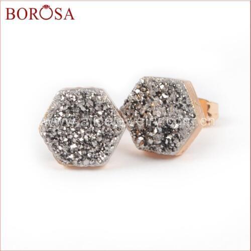 BOROSA Hexagon Shape Natural Stone Rainbow Titanium Druzy Stud Earrings Fashion Gems Earrings for Women G0907
