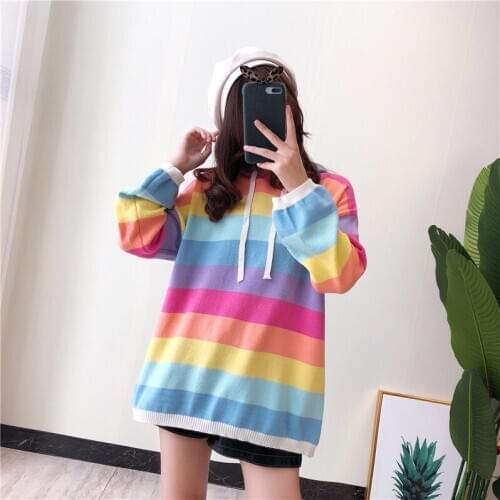 Women Hooded Sweater 2020 Winter Korean Style Cute Rainbow Stripe Oversized Pullover Soft Covering Yarn Knitted Knitwear T398