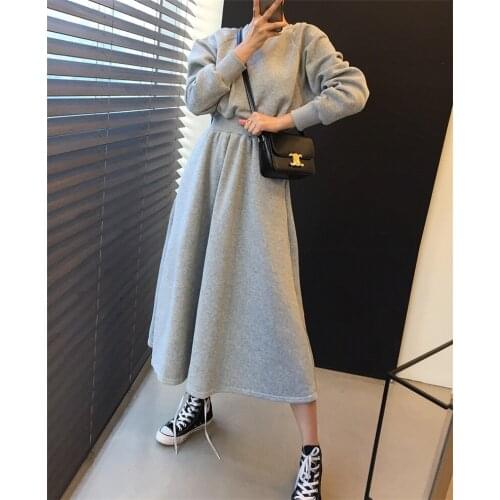 LMQ New 2020 Autumn Winter Women Sweatershirts Dresses Thicken High Elastic Waist Casual Long Minimalist Pockets Wild Warm Dress