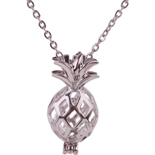 10pcs Copper pineapple fruit Beads Cage Essential Oil Diffuser Perfume Pearl Cage Locket necklace 45cm stainless steel chains
