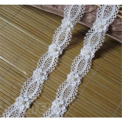 2 yards Soluble Polyester Pearl Flower Embroidered Fabric Lace Trim Ribbon Handmade DIY Sewing Craft For Costume Hat Decoration