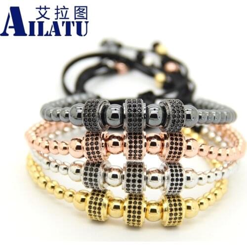 Ailatu Fashion Copper Beads Weave Three Micro Pave CZ Charm Cylinders Balls Braiding Macrame Bracelet Jewelry