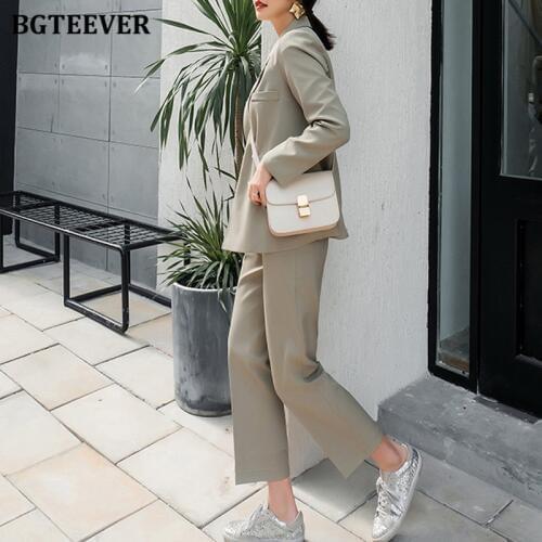 BGTEEVER Women Pant Suit 2 Pieces Set Long Sleeve Double Breasted Blazer & High Waist Suit Pants Casual Green Female Set 2020