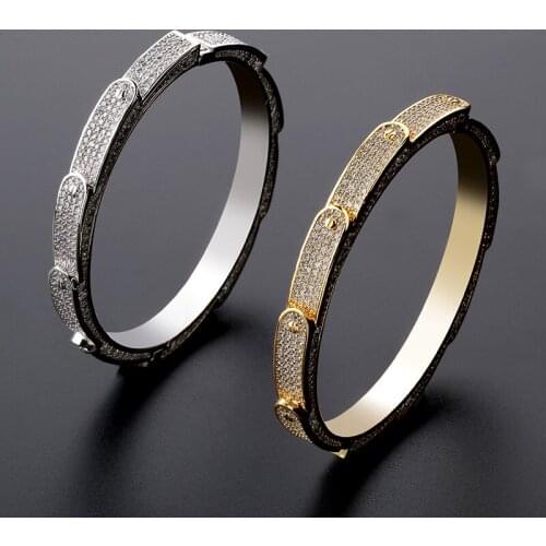Micro Paved AAA+ Cubic Zirconia Bling Ice Out Feather Open Cuff Bangles Bracelets for Men Women Hip Hop Rapper Jewelry Gold