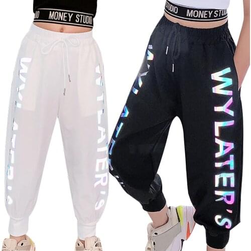 Hip Hop Girls Clothing Shiny Letters Print Pants Children Sports Trousers Jazz Dance Costumes Kids Pants Teen Fashion Streetwear