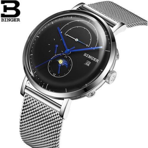 Switzerland Binger Watch men Luxury Brand full steel Automatic mechanical men Watches moon phase waterproof reloj relogio montre