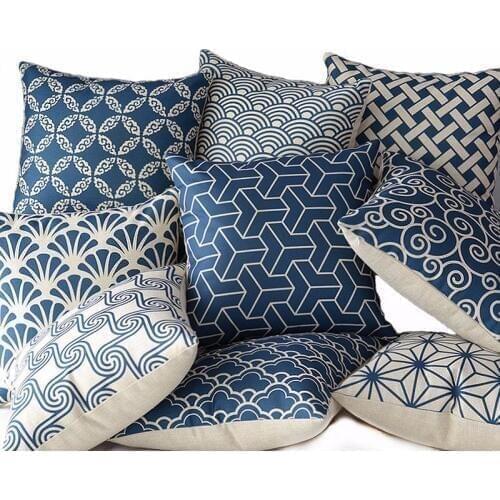 Nordic Style Blue Geometry Decorative Cotton Linen Cushion Cover Grid Printed Sofa Throw Pillow Car Chair Home Decor Pillow Case