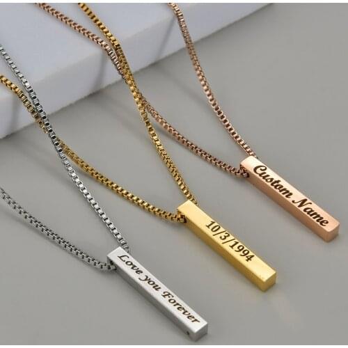 Four Sides Engraving Square Pendant Necklaces New Custom Name Necklace Stainless Steel Box Chain Gift Jewelry For Women/Men