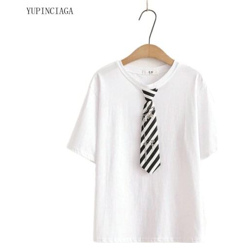 Harajuku T Shirts Women Striped Bow Tie Student Short-Sleeved Cotton T-shirt Female White Pink Tops Tee 2116907