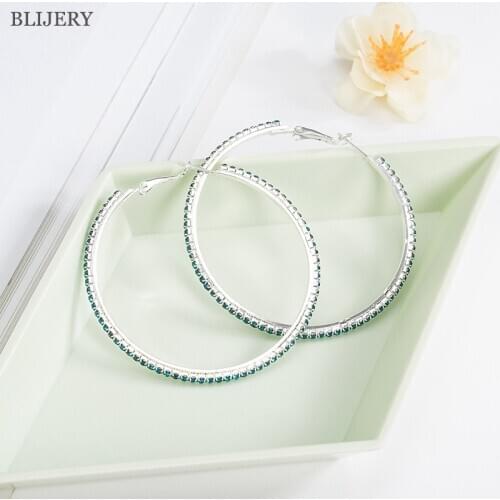 BLIJERY Fashion Green/Blue/Red/Pink Rhinestone Circle Earrings Silver Plated Crystal Big Hoop Earrings For Women Party Jewelry