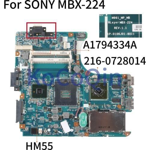 KoCoQin laptop Motherboard For SONY MBX-224 M961 1P-0106J01-8011 A1794334A HM55 Mainboard DDR3