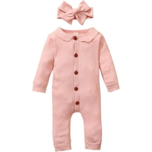Baby Girl Cute Long Sleeve Romper Set Autumn Baby Girl Long Sleeve Solid Print Single Breasted Romper With Headband Outfits Sets