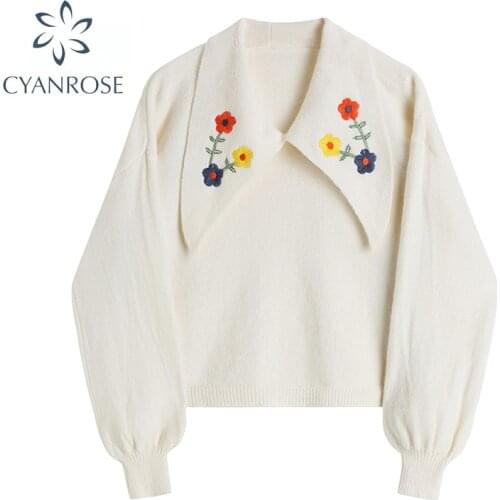 Fashion Lantern Sleeve Knitted Sweaters Women Pullover Casual Big Turn-down Collar Sweater Autumn Flower Embroidery Tops 2021