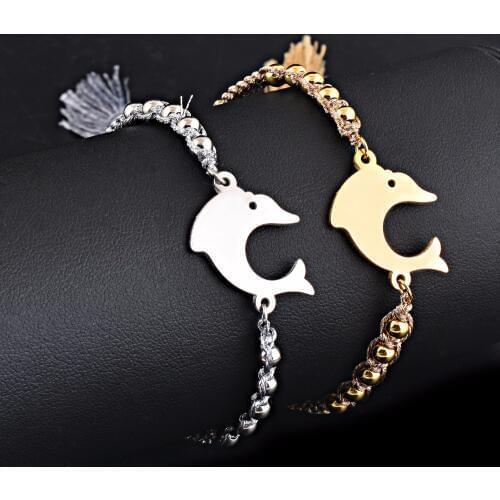 Fashion Women Stainless Steel dolphine bangle handmade tassel beaded adjustable stretch bracelet wholesale&dropship Jewelry