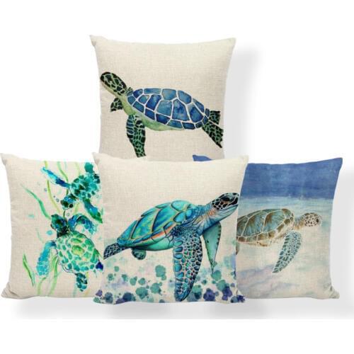 Sea Turtle Cushion Covers Ocean Vintage Animal Watercolor Cover Pillow Decorativa Dakimakura 43X43 Polyester / Linen Painted