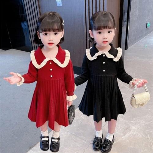 Girls pure color woolen dress new spring and autumn childrens knitted lapel princess dress foreign girl baby skirt