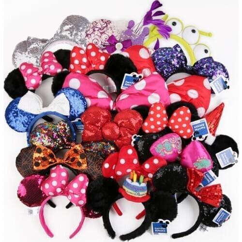 Original DINSNEY Mickey Minnie Sequined Bow Plush Hair Band Head Band Hair Accessories Gift For Adults Children