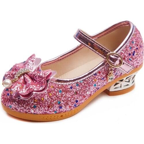 3-12 Year Fashion Sequins Crystal Bow Shoes For Girls High Heels Kids Leather Shoes Princess Bead Children Wedding Party Shoes
