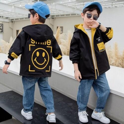 New Boys Smiling Face Double-sided Coat Spring Autumn Clothes Middle and Large Childrens Hooded Trench Coat