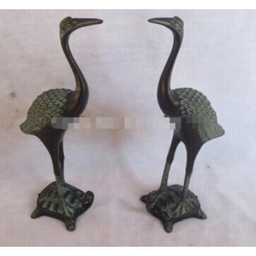 A pair 7 Inch Bronze hand carved Turtle Crane sculpture,Vintage Lucky animal Fine wedding Arts Crafts decoration