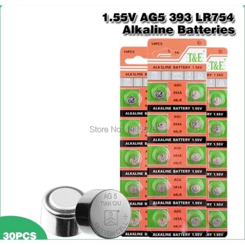 30pcs Alkaline Cell Coin Battery 1.55V AG5 LR754 Button Batteries 393 SR754 193 393A 48LR G5A AG 5 For Watch Toys