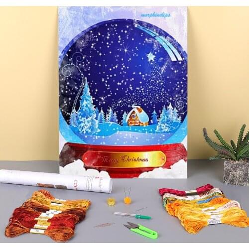 Snow Globe Printed Water-Soluble Canvas 11CT Cross Stitch Embroidery Complete Kit DMC Threads Handicraft Handmade Package